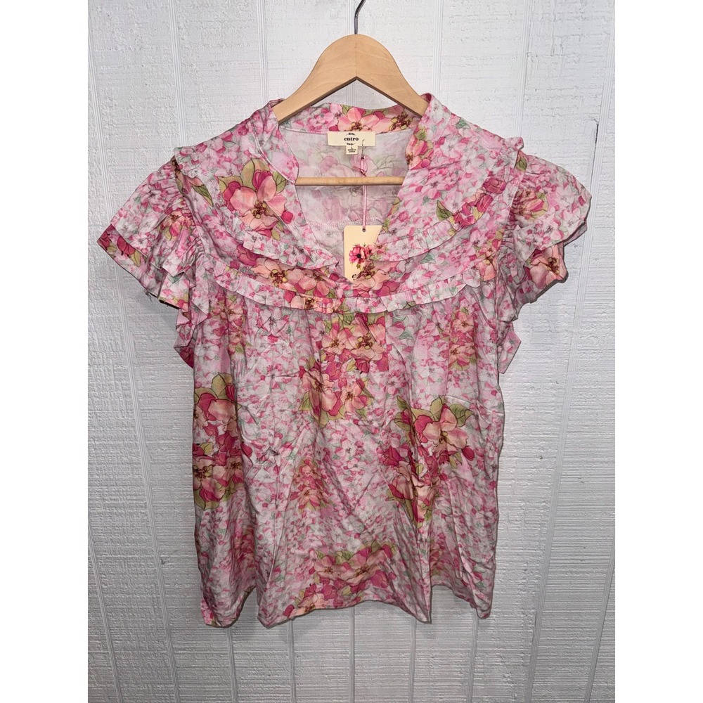 Entro Floral Blouse Women Pink Ruffle Flutter Sleeve Boho Top Size Large